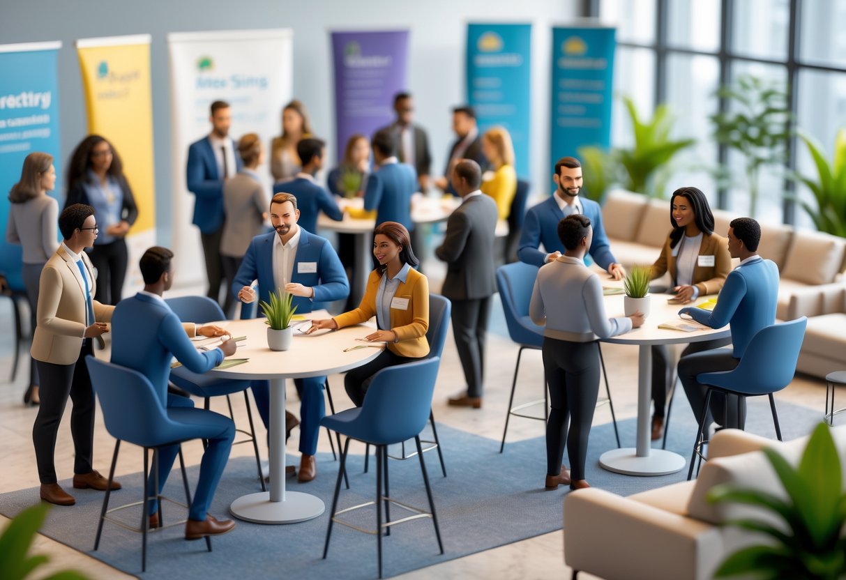 A group of people talking and networking in a modern office space during a mentoring meet and greet event.
