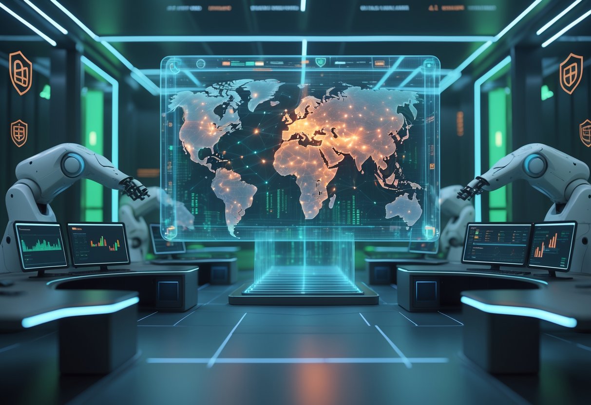 A futuristic cybersecurity control room with holographic network maps and workstations monitoring system vulnerabilities and security testing.