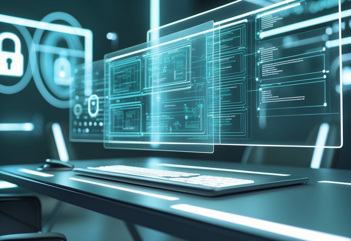 A futuristic digital workspace with floating holographic screens showing security frameworks and methodologies, surrounded by abstract symbols of locks and network nodes.