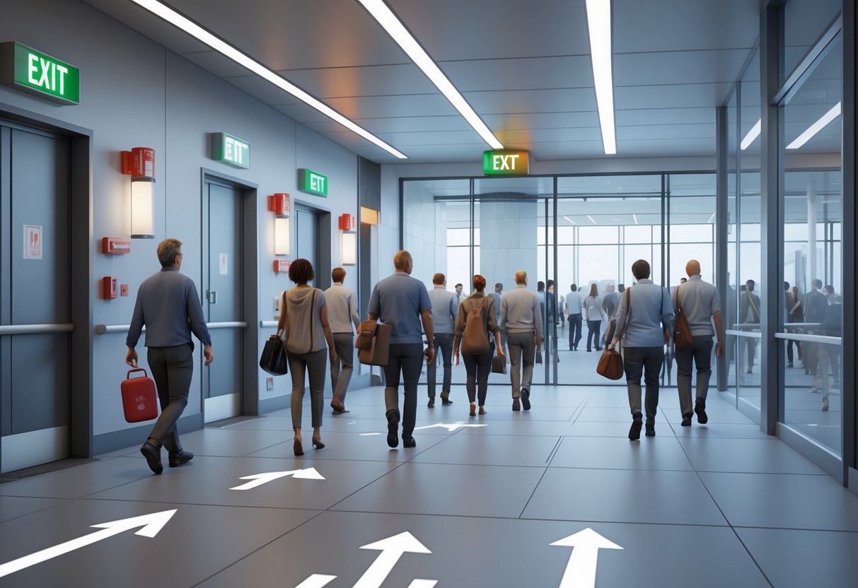 People calmly evacuating a modern office building through marked exits towards a safe assembly point outside.