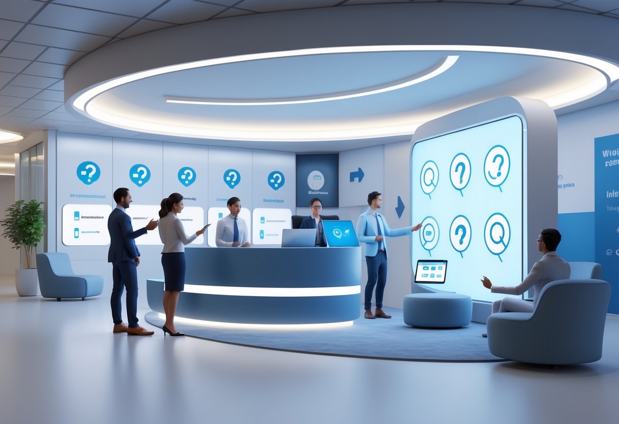 A modern reception area with staff assisting visitors and digital displays showing icons representing questions and answers.