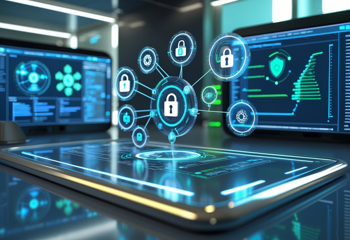 A 3D scene of a futuristic digital workspace with holographic security icons and virtual screens showing security-related data above a metallic desk.