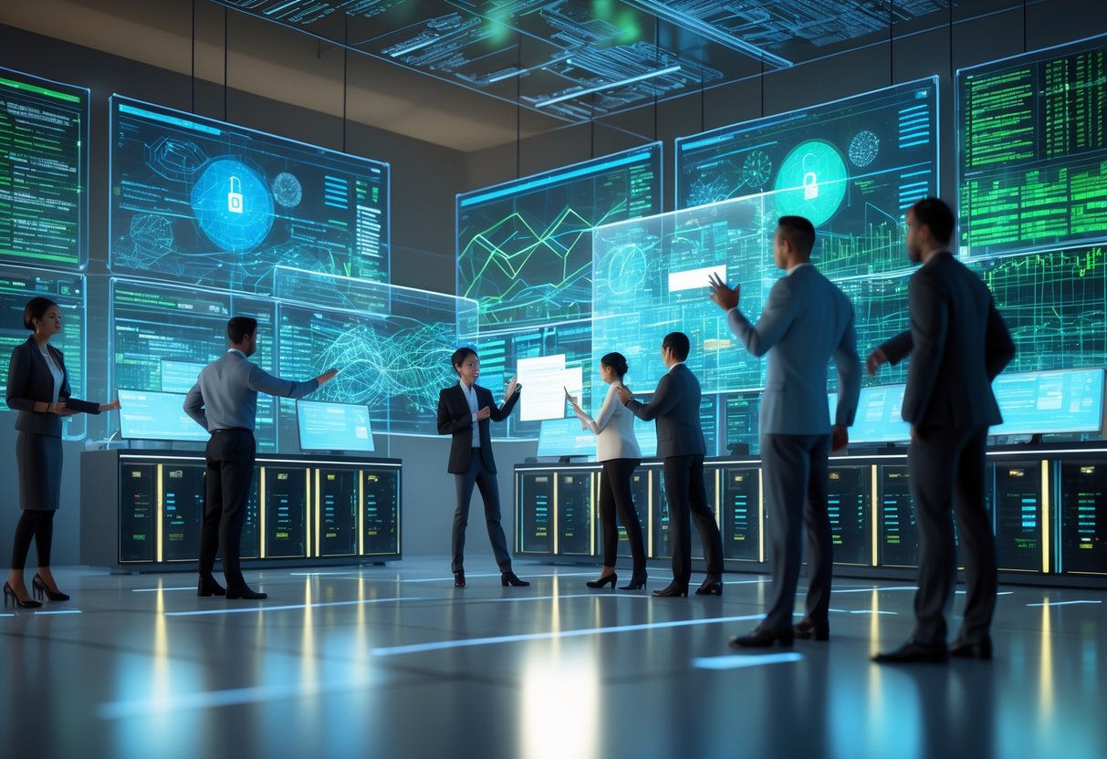 A cybersecurity operations centre with professionals analysing holographic data screens and monitoring network activity in a secure, high-tech environment.
