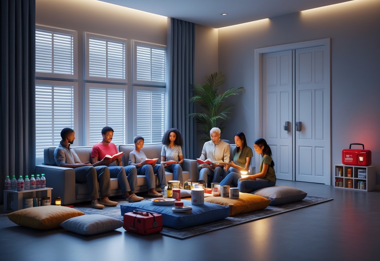 A family gathered in a living room with secured windows and emergency supplies, staying calm during a shelter-in-place lockdown.