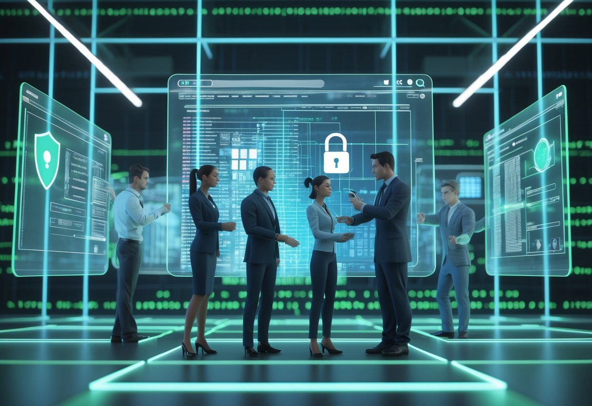 A futuristic control room with people interacting with holographic security data and digital network visuals representing evolving security measures.