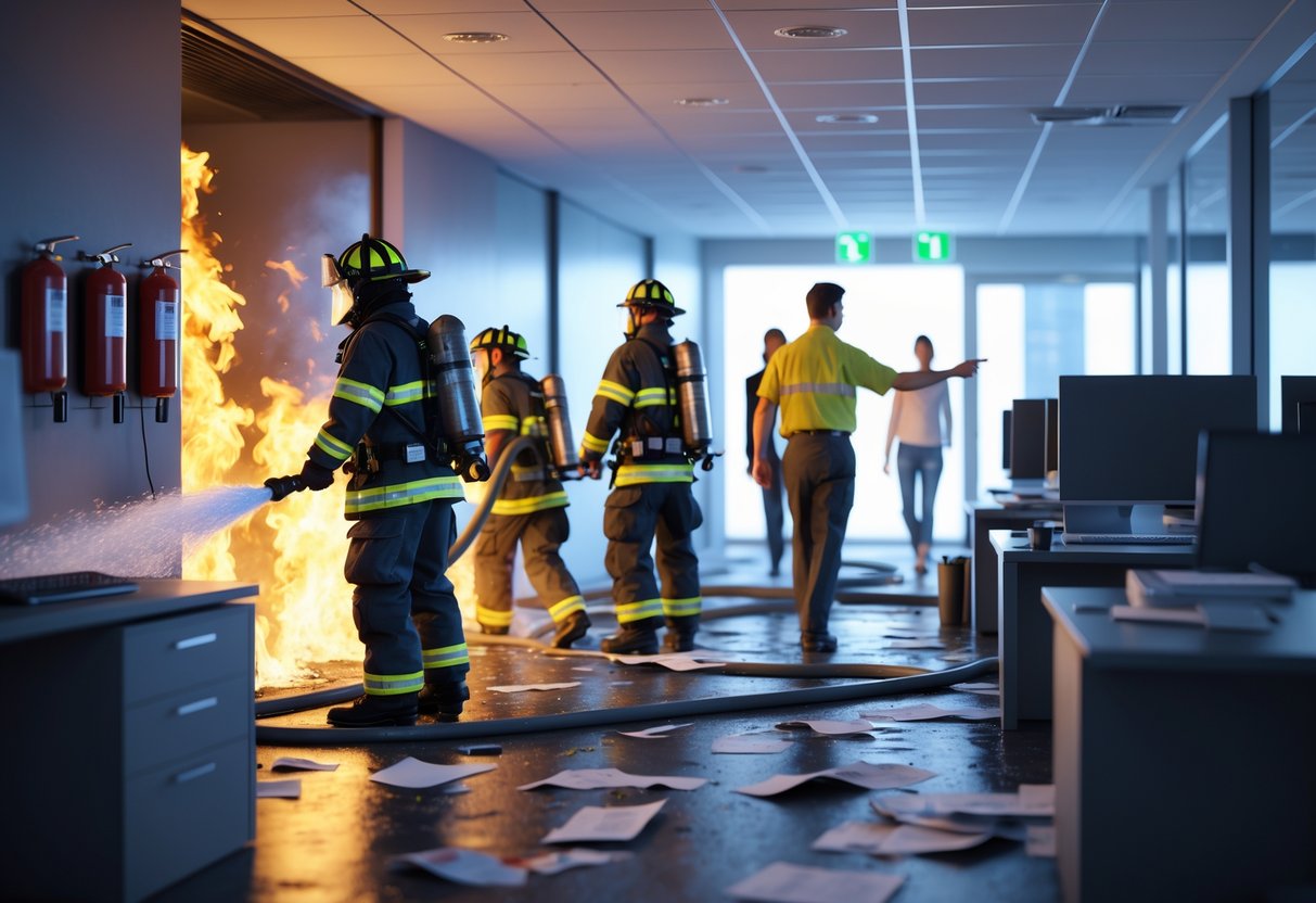 Firefighters extinguishing a fire in an office while workers evacuate calmly guided by a safety officer.