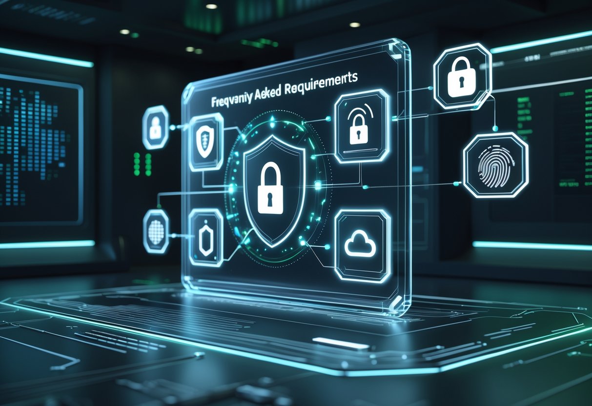 A 3D scene showing a futuristic digital hub with holographic security icons and data streams in a modern control room.