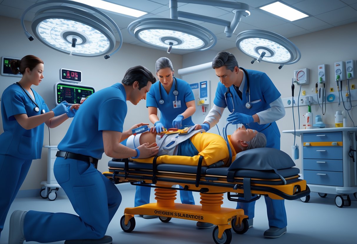 Medical team performing emergency procedures on a patient in a hospital emergency room with medical equipment around them.
