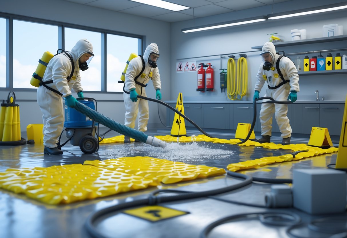 Responders in protective suits containing a chemical spill inside an industrial area, using equipment to clean and decontaminate the site.