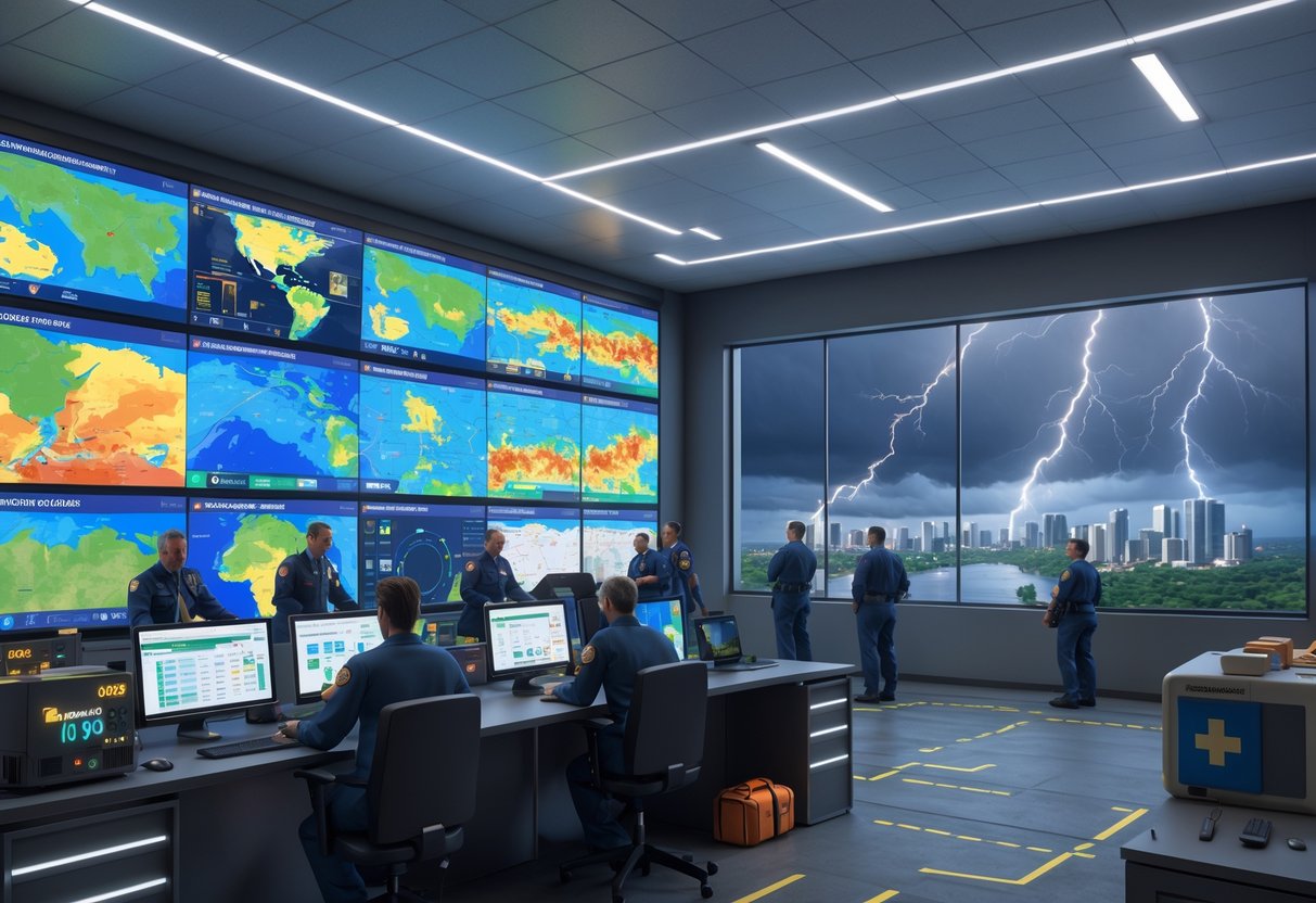 An emergency operations centre with personnel coordinating natural disaster response using digital maps and holographic models, with a storm visible outside.