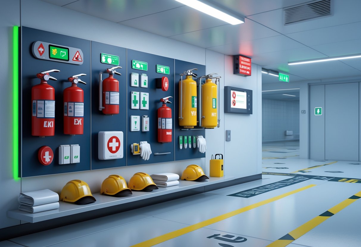 A 3D scene showing a well-organised emergency equipment station with fire extinguishers, first aid kits, oxygen tanks, defibrillators, safety gear, and emergency exit signs in an indoor industrial setting.