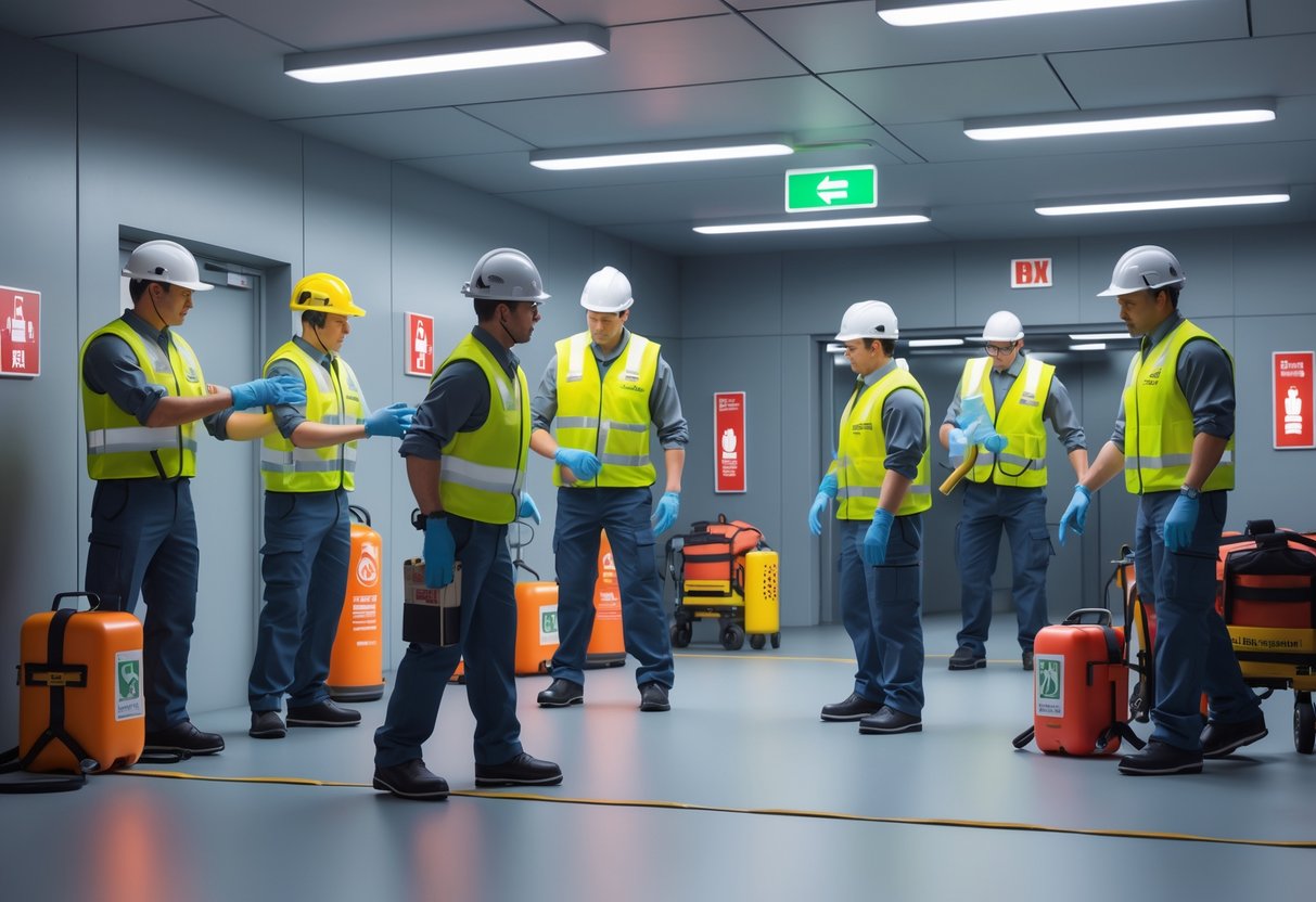 A group of people wearing safety gear practising emergency procedures in a training facility, including first aid and fire evacuation drills.