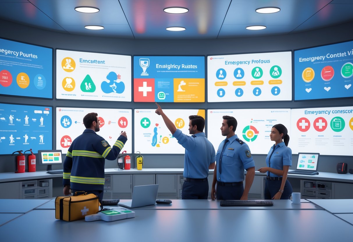 A control room with digital screens showing emergency procedure visuals and professionals discussing safety measures surrounded by emergency equipment.