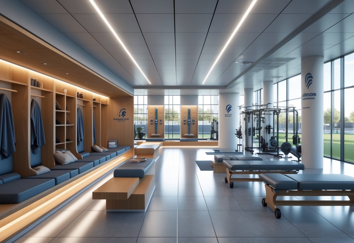 A spacious sports stadium locker room with lockers, benches, a recovery area with massage tables and ice baths, and a gym with exercise equipment.