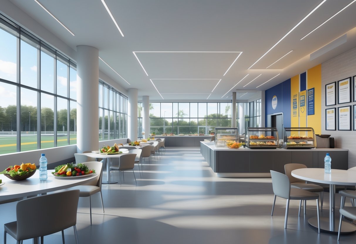 A bright and spacious dining area with tables, chairs, a buffet of healthy food, and a hydration station designed for athletes.