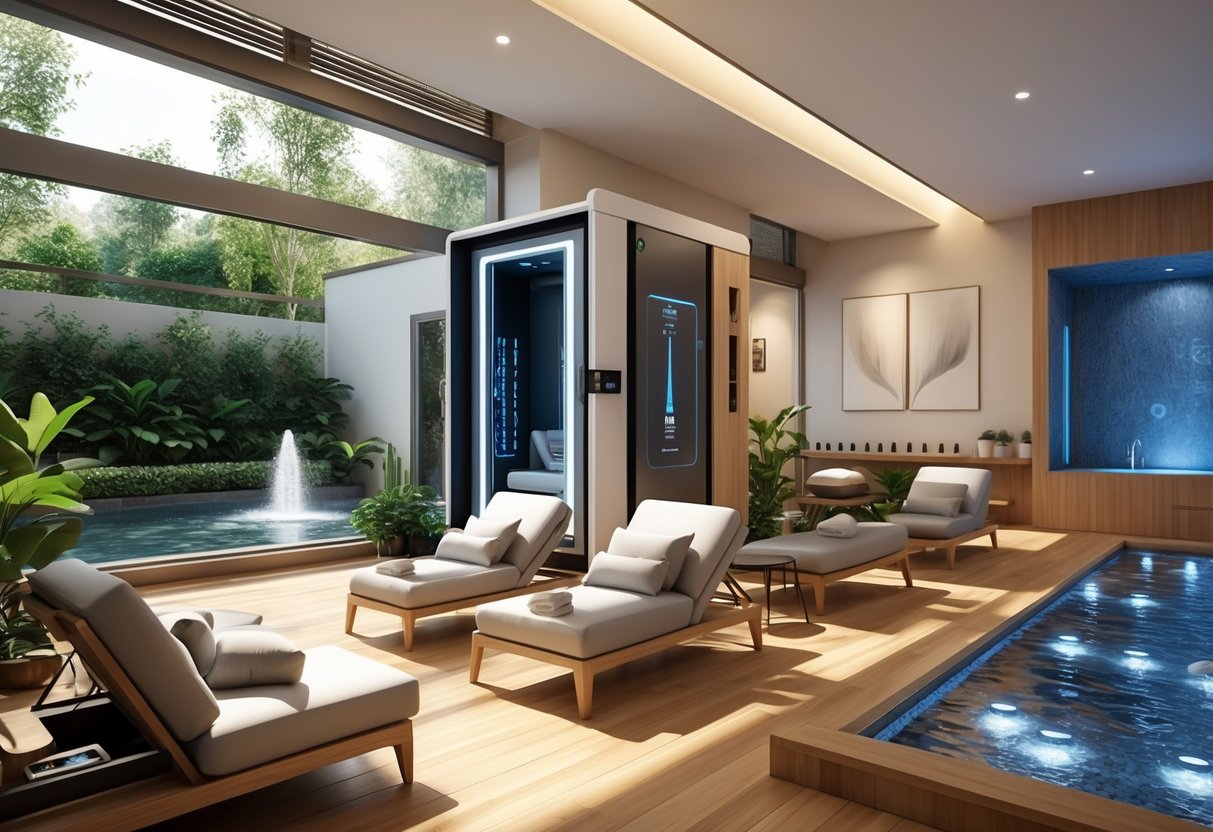 A spacious wellness and recovery room with lounge chairs, indoor plants, a cryotherapy chamber, massage table, and a hydrotherapy pool, all designed for athlete relaxation.
