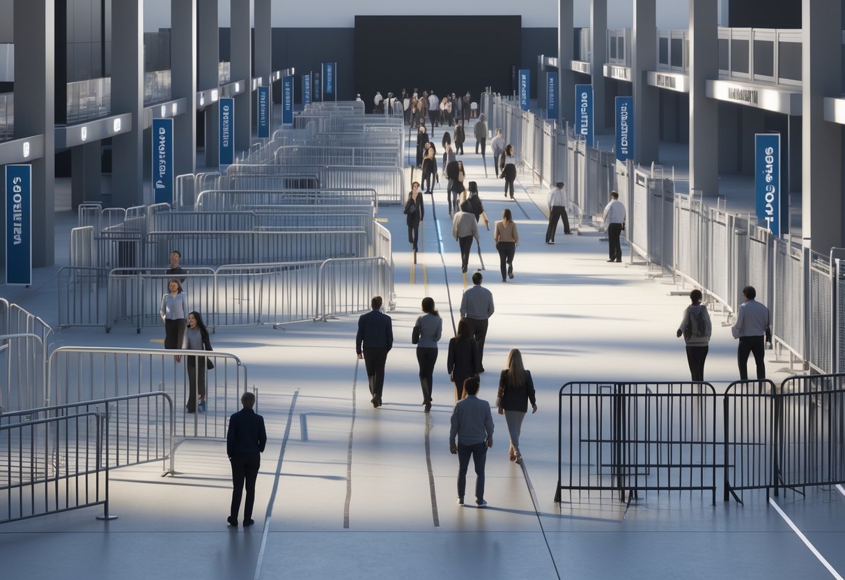 A large event venue with metal barricades, stanchions, and fencing directing people through organised pathways, with security staff monitoring the area.