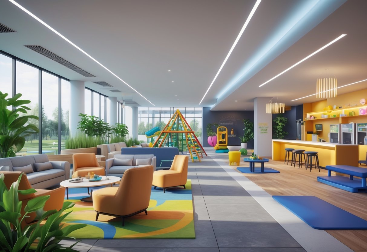 A spacious family and guest facility area with seating, a kids' play zone, a refreshment bar, and a fitness corner.