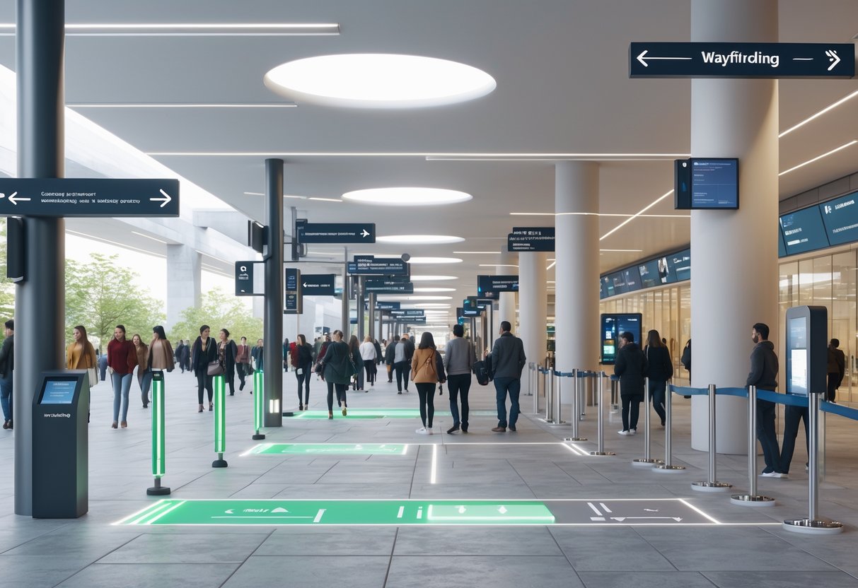 A public indoor space with people moving through clearly marked pathways guided by signs, barriers, and digital kiosks to manage crowd flow.
