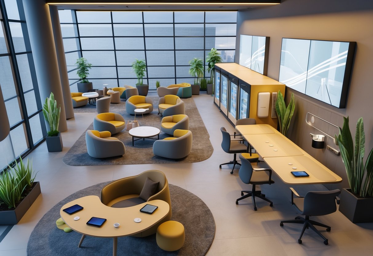 A spacious lounge area with comfortable seating, tables, a kitchenette, work pods, plants, and large windows letting in natural light.
