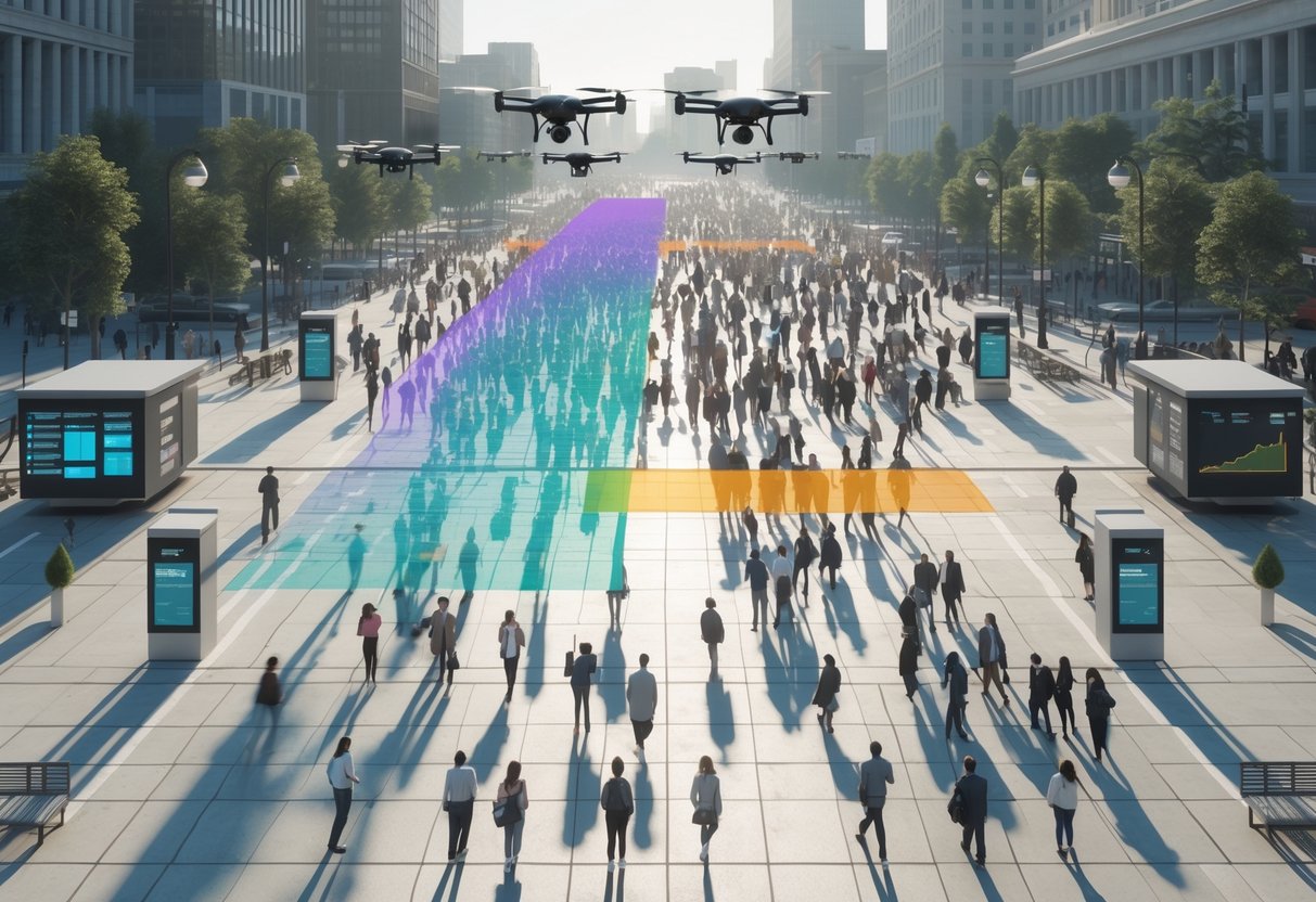A large crowd of people in a city square with digital overlays showing movement patterns and monitoring devices tracking the crowd.