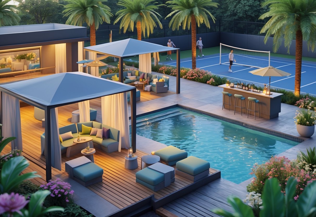 An outdoor leisure area with a swimming pool, sun loungers, shaded seating, a bar, a sports court, and surrounding greenery.