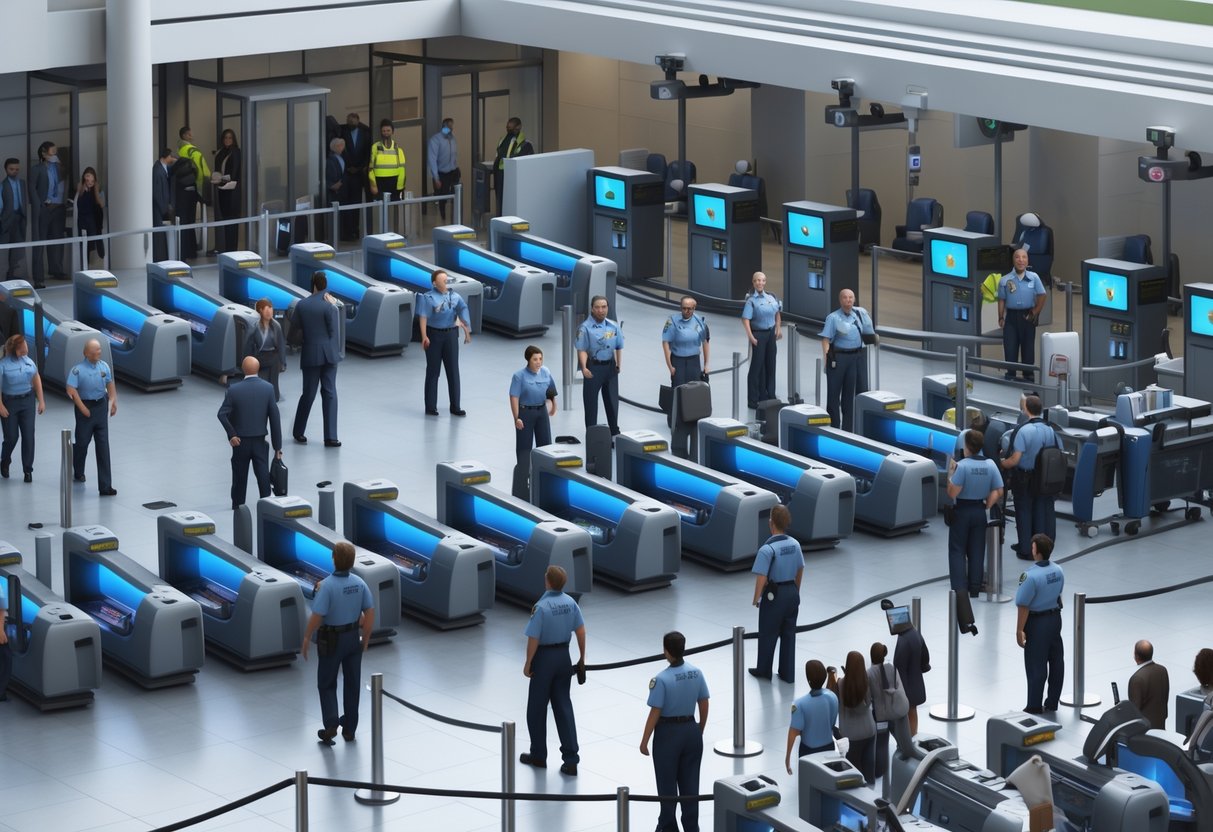 A busy security checkpoint with people passing through metal detectors, security staff monitoring, and barriers organising the crowd.