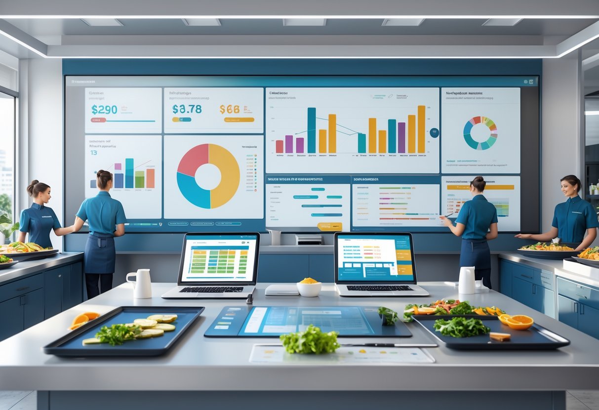 A modern office workspace showing digital screens with food service cost data, tablets and laptops, fresh ingredients on a desk, and staff discussing plans.