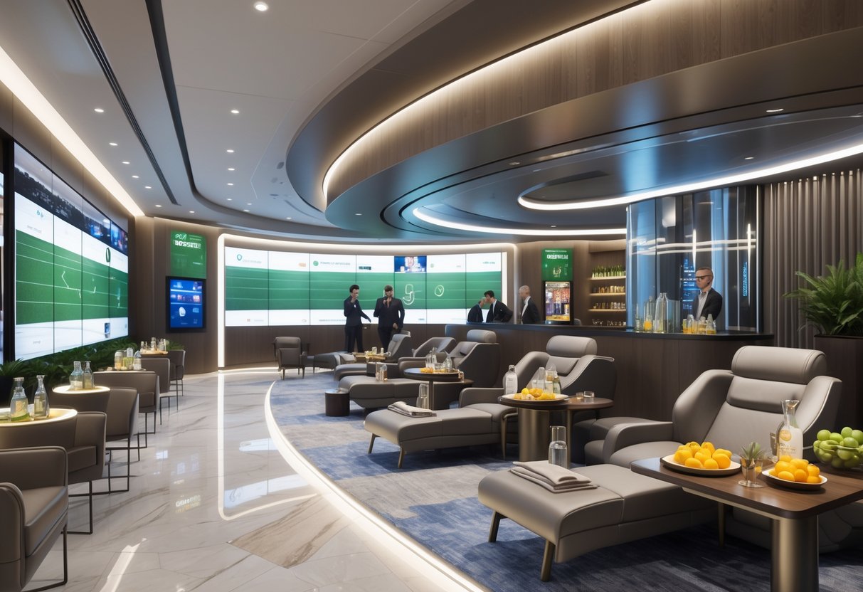 Interior of a modern, luxurious lounge with comfortable seating, massage chairs, a bar area, and large screens, designed for personal player services and relaxation.