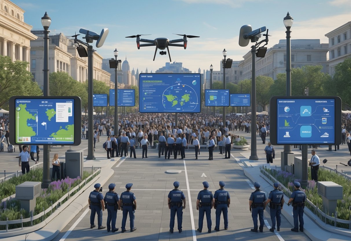 A busy urban square with a crowd being guided by barriers, security personnel using radios, drones flying overhead, and large digital boards displaying information.