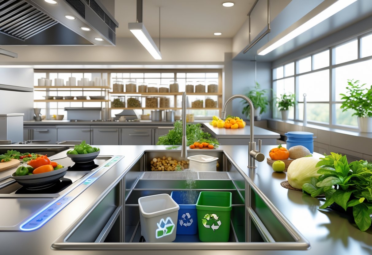A modern commercial kitchen with recycling bins, energy-efficient appliances, and food preparation areas designed for sustainable food service and waste management.