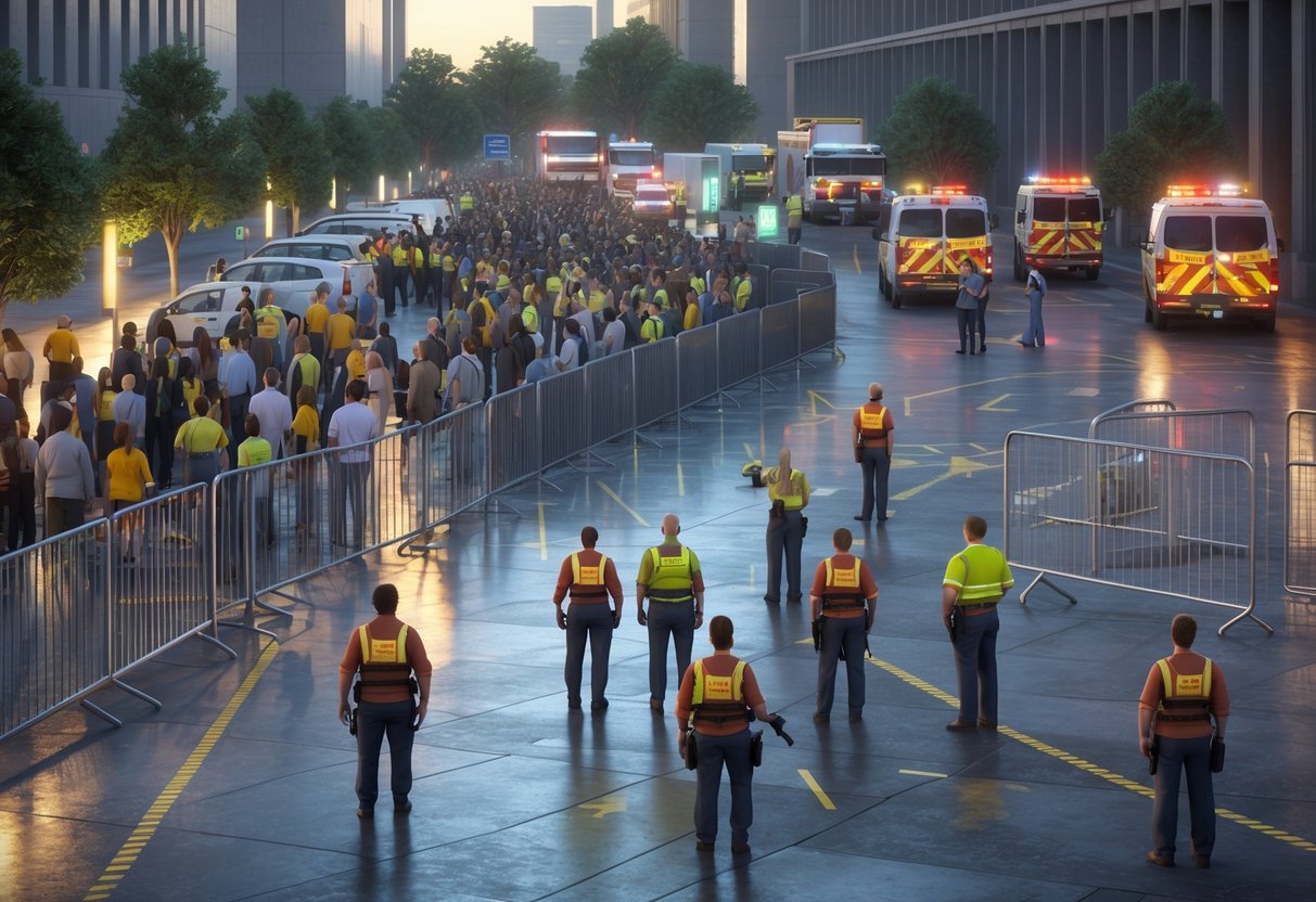 A busy urban scene showing emergency responders managing a crowd using barriers and directing people towards evacuation routes, with emergency vehicles nearby.