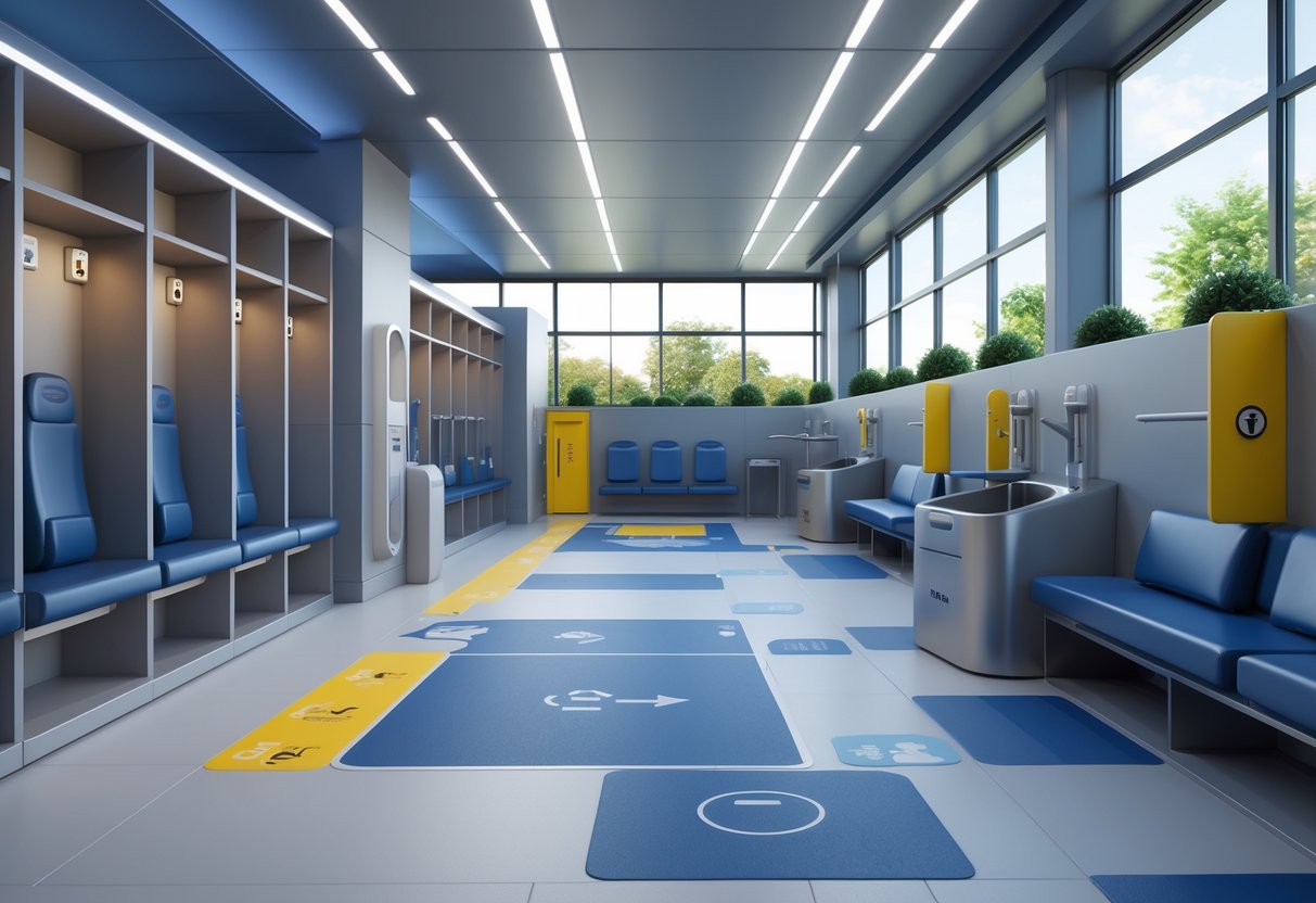 A spacious, accessible player amenities area in a sports stadium with locker rooms, accessible showers, hydration stations, and a relaxation zone designed for inclusivity and comfort.