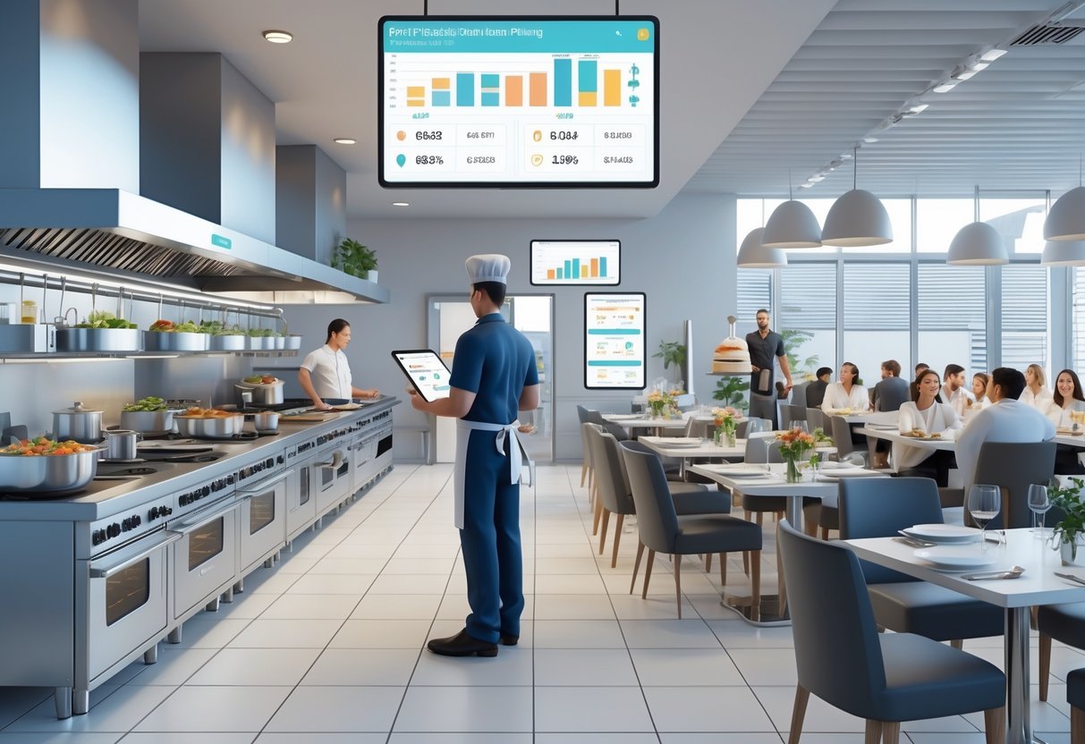 A modern commercial kitchen and dining area with a chef working at cooking stations and customers seated at tables, showing an efficient and busy food service environment.