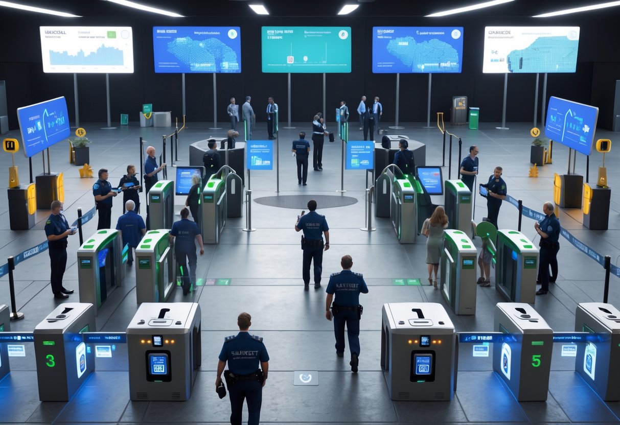 A busy event entrance with people scanning tickets at turnstiles, security staff overseeing queues, and barriers organising the crowd.