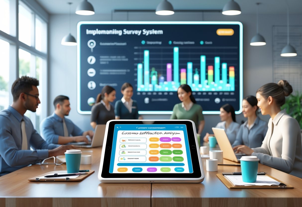 A group of people in a cafeteria setting using digital devices to collect and analyse customer feedback for food service planning.