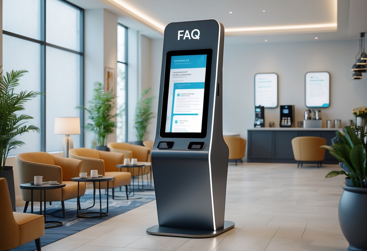 A modern lounge area with a digital touchscreen kiosk, comfortable seating, and amenities like a coffee station and plants.
