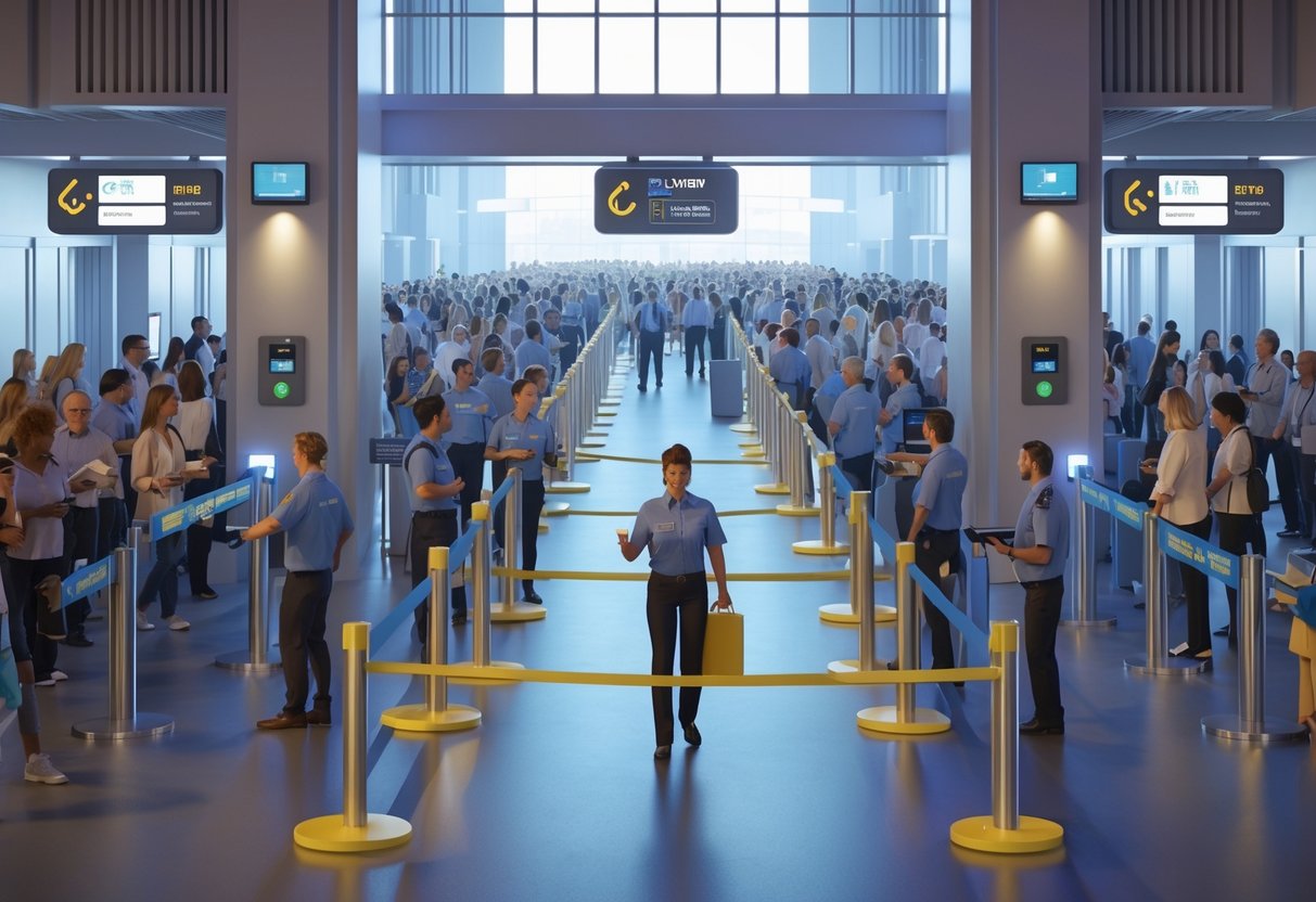 A busy event entrance with orderly queues guided by barriers and staff assisting attendees.