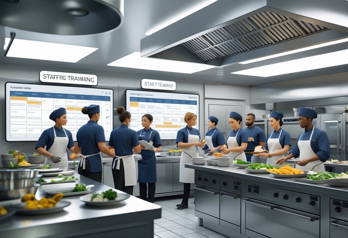 A busy commercial kitchen with staff members preparing food and a manager training a trainee near a digital display showing schedules.