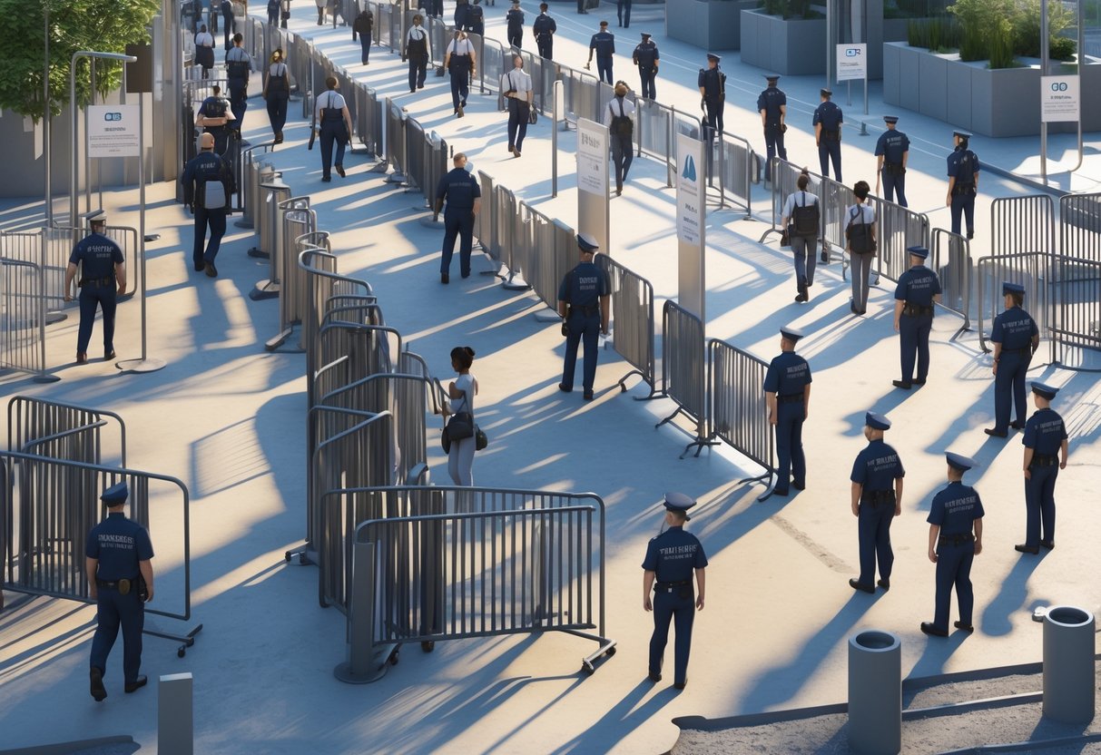 A 3D scene showing a crowd being guided by metal barricades and security staff in an outdoor area.