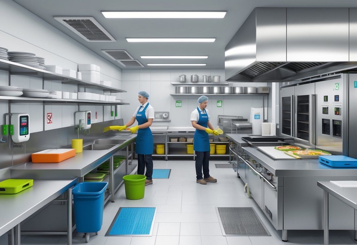 A clean commercial kitchen with staff preparing food using safe and hygienic practices, featuring organised workstations, handwashing stations, and safety equipment.