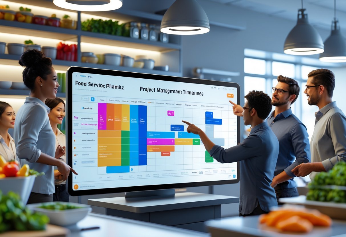 A group of people working together around a digital table displaying a colourful timeline chart, with kitchen tools and fresh ingredients in the background.