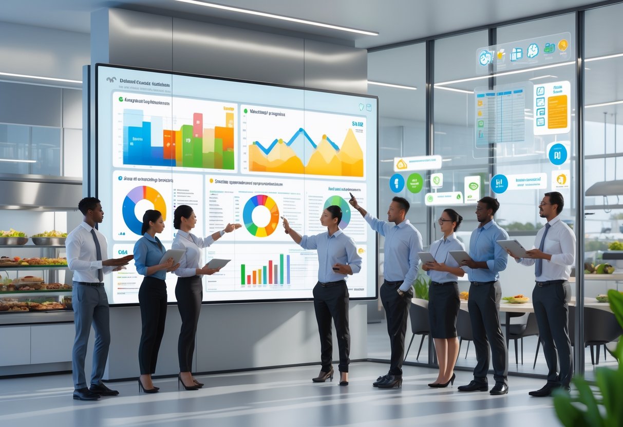 A group of professionals reviewing colourful charts and graphs on a large digital screen in an office overlooking a busy kitchen where chefs prepare food.