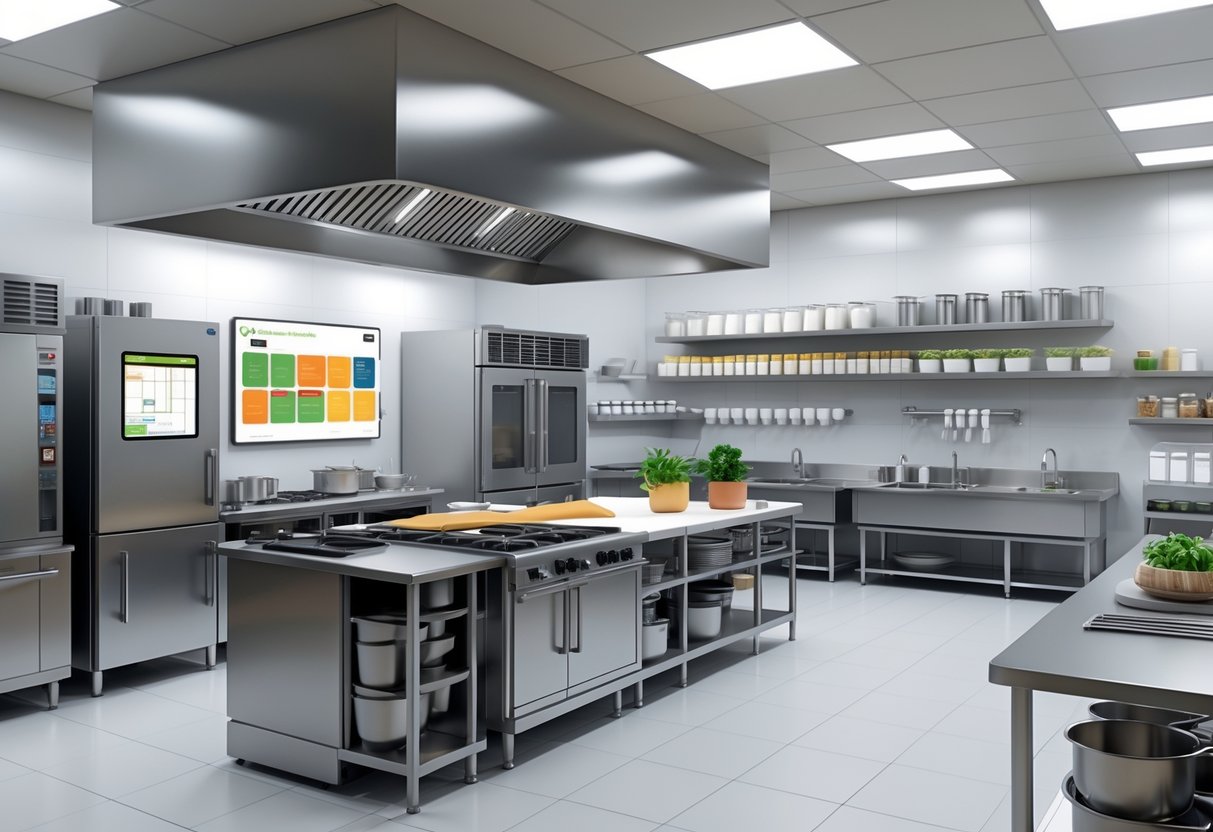 A modern commercial kitchen with stainless steel appliances, workstations, shelves with food supplies, and a digital panel showing a floor plan.