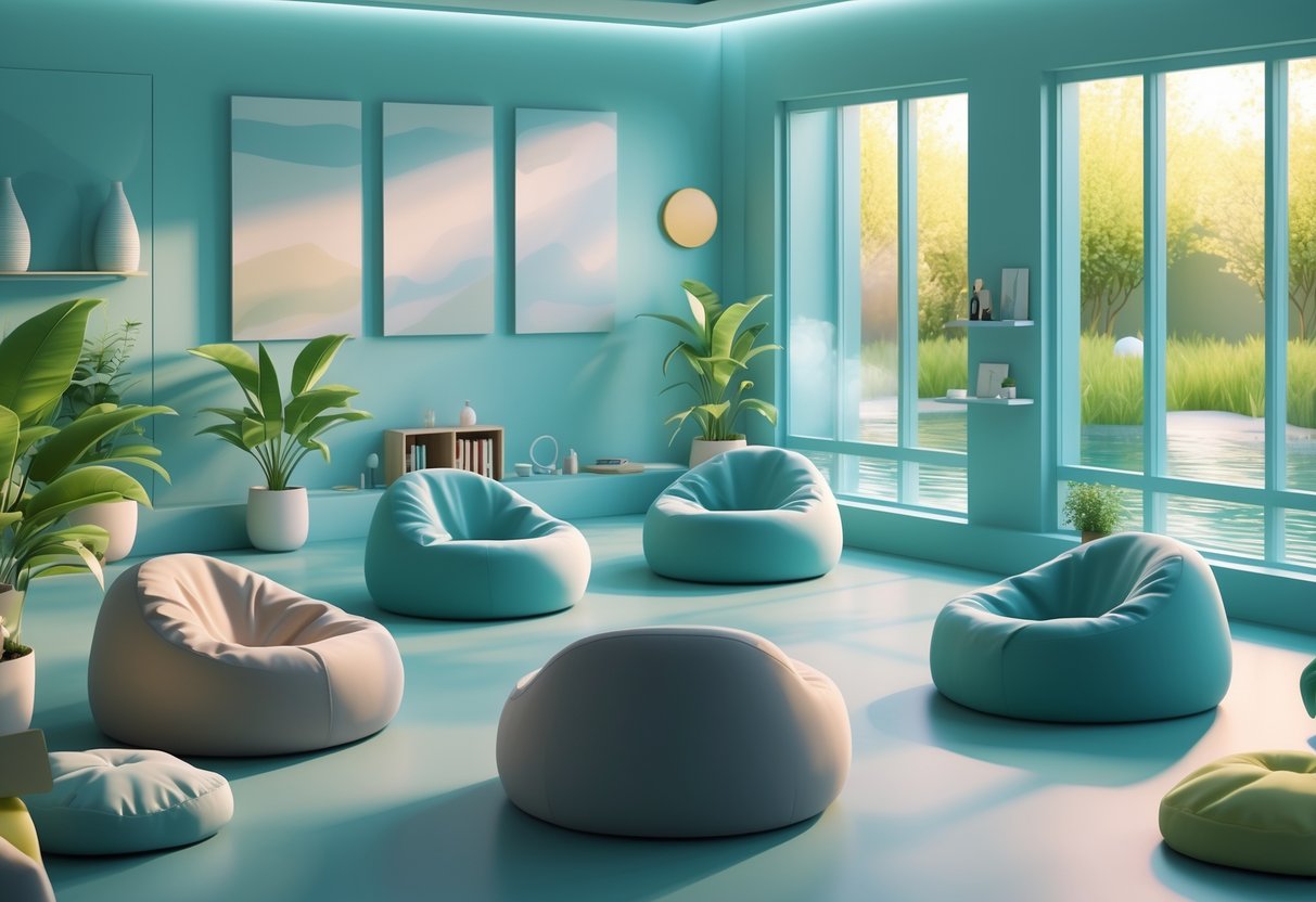 A peaceful room with comfortable chairs, indoor plants, a water fountain, and large windows overlooking a garden, designed for relaxation and calm.