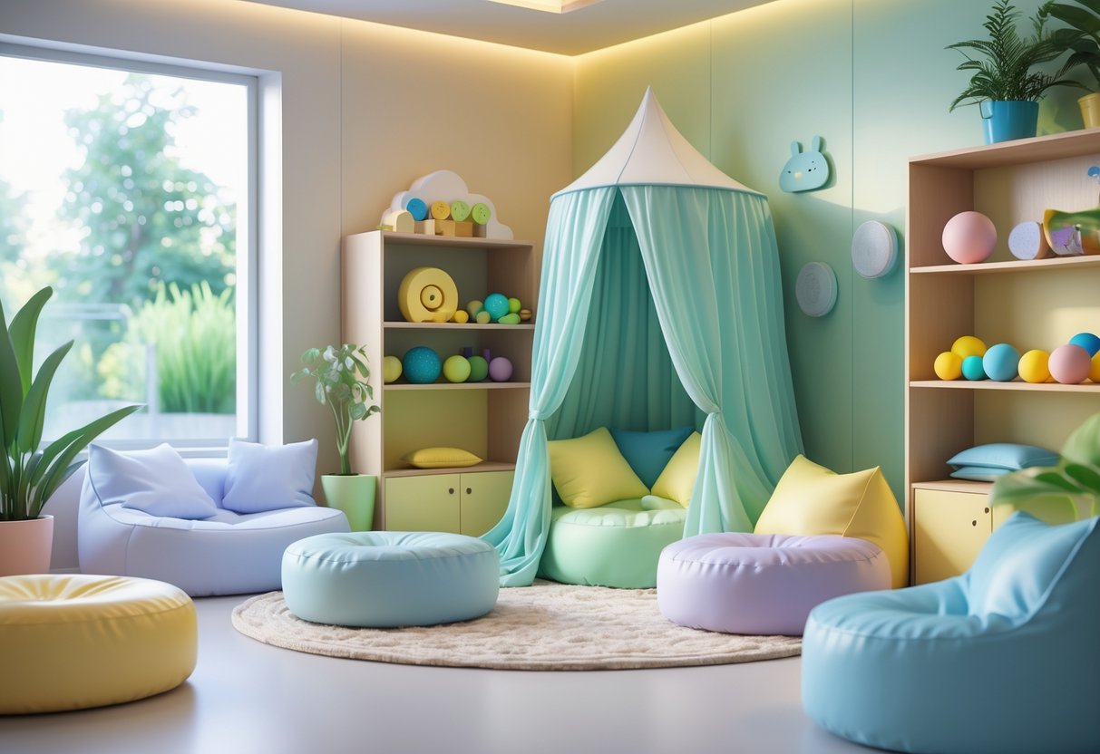 A calm and cosy children’s cooldown space with soft seating, a small tent, sensory toys, and natural light coming through windows.