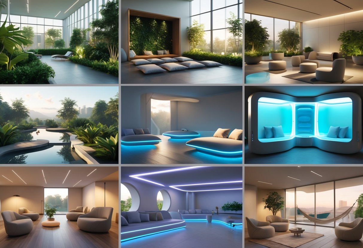 A 3D scene showing different types of cooldown spaces including an indoor garden, meditation area, cooling pod, reading nook, and outdoor terrace, all designed for relaxation.