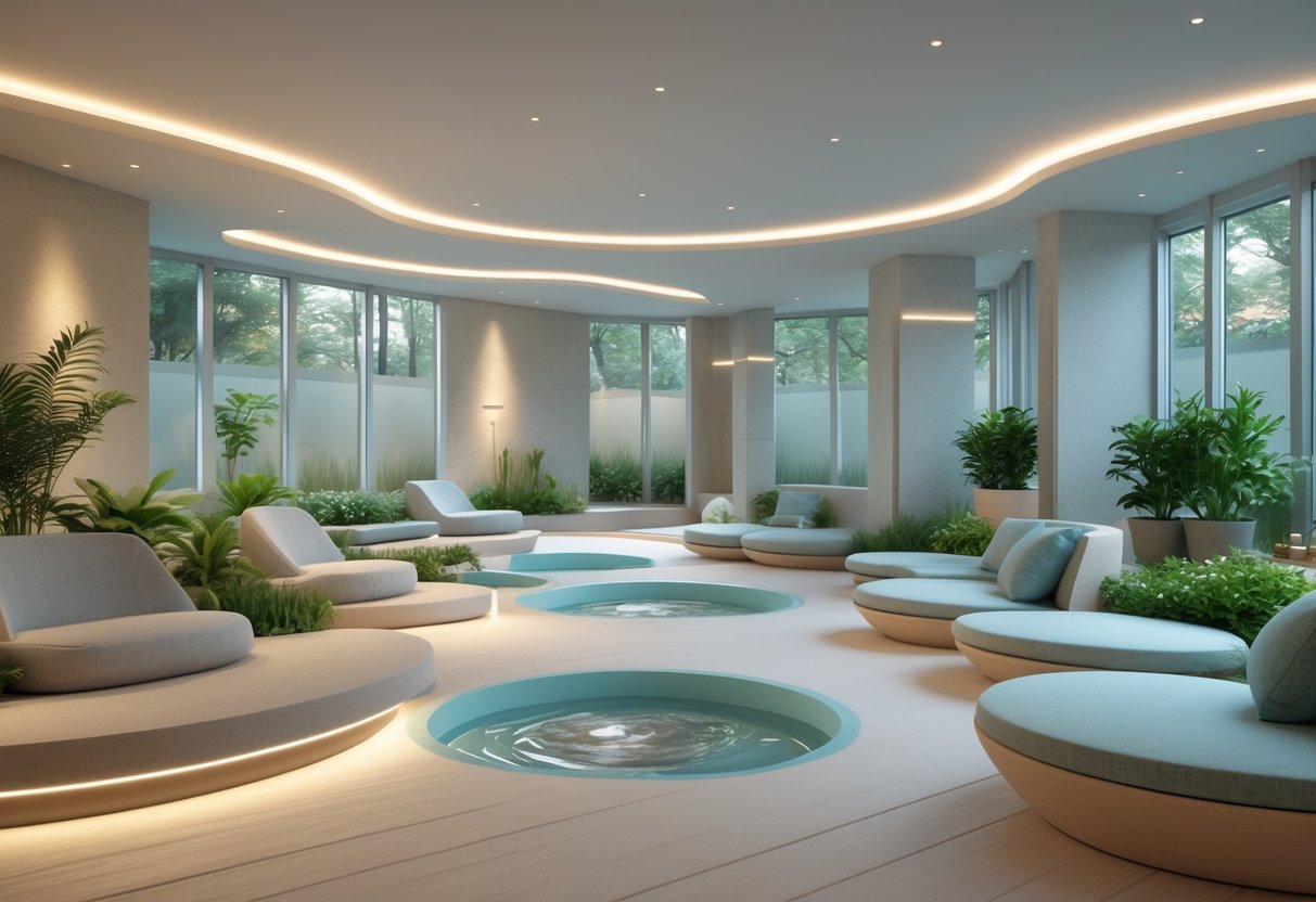 A calm indoor relaxation space with comfortable seating, plants, and a small water feature, lit by natural light from large windows.