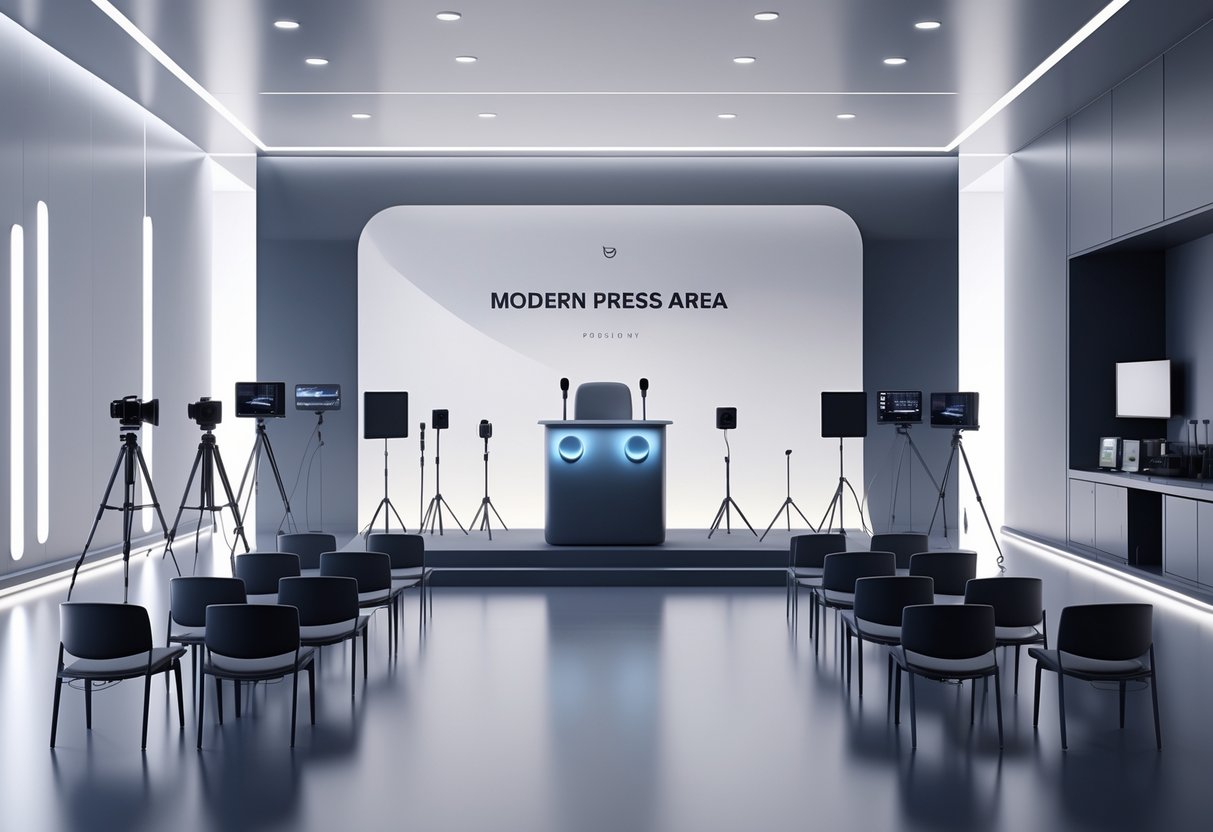 A 3D scene of a press area setup with a podium, microphones, rows of chairs, cameras on tripods, and technical equipment in a well-organised room.