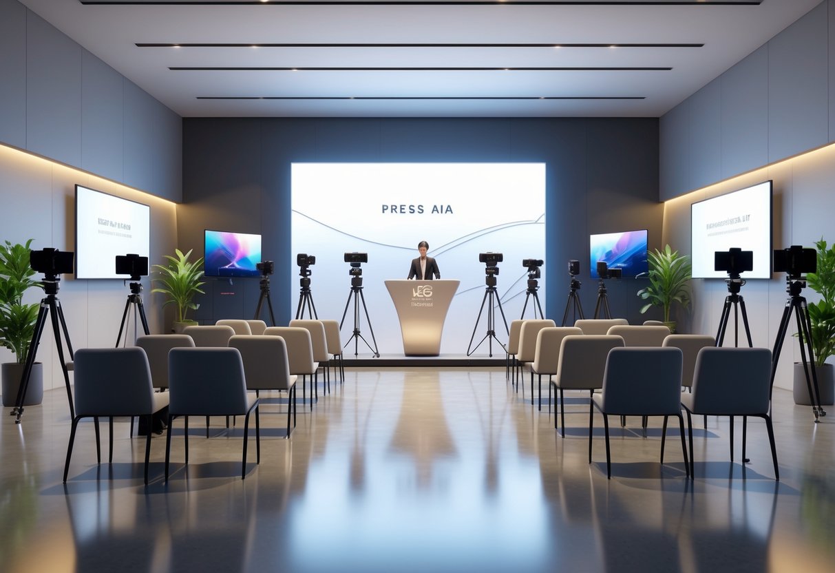 A spacious press area setup with a podium, cameras on tripods, rows of chairs, and a large screen in a well-lit room.